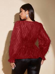SHEIN Unity Blus Seksi Ukuran Besar dengan Detail Kerutan di Pinggang dan Rumbai, Atasan Peplum untuk Pakaian Musim Gugur dan Tahun Baru - Merah - View 2