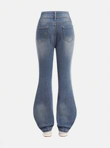 Sparklyn Tween Girls Y2K Style Casual Washed Flare Leg Jeans - Medium Wash - View 2