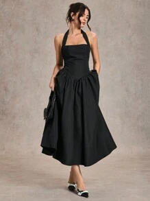 SHEIN BAE Elegant Women's Long Neck-Tie Dress, Suitable For Casual Dates And Outings, Autumn - Black - View 5