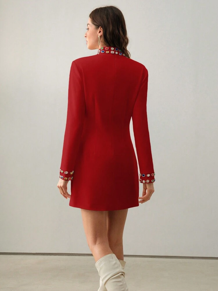 High-End Black Handmade Beaded Long Sleeve Short Dress, Suitable For Autumn And Winter For New Year Clothes