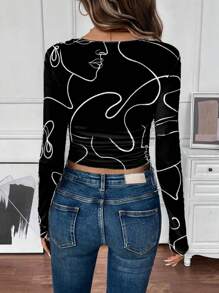 SHEIN LUNE تيشيرت كاجوال بكم طويل مطبوع عليه رسمة امرأة بخط رفيع ، مناسب كطبقة أساسية للخريف والشتاء