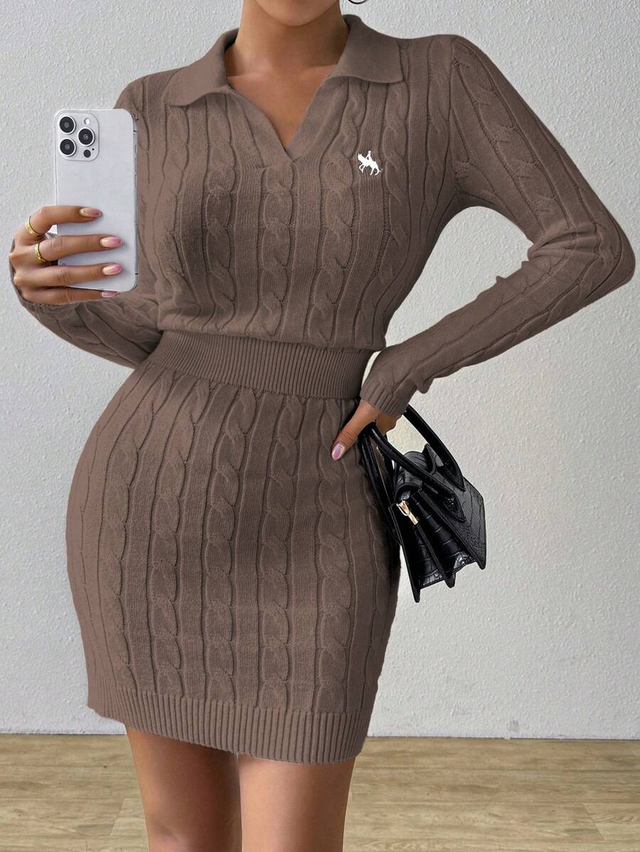 Chiquease 1 件女式修身刺绣高领粗针织毛衣套头衫 - 咖啡棕 - 查看 1