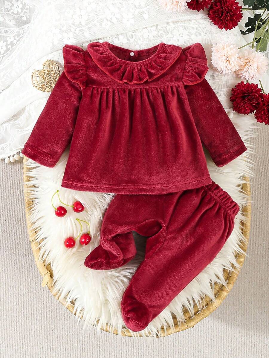 2 件套女婴休闲毛绒面料长裤和长袖舒适保暖家居服睡衣套装、圣诞装、秋装 - 紅色 - 查看 1