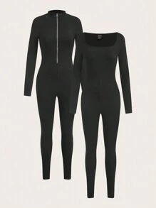 SHEIN EZwear Bộ đồ liền thân dài tay màu trơn cho nữ, đơn giản và thời trang, cho mùa thu - màu đen - Xem 1