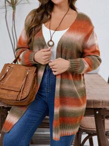 EMERY ROSE Plus Size Casual Color Block Front Open Cardigan, Winter Clothes For Women - Rust Brown - View 6