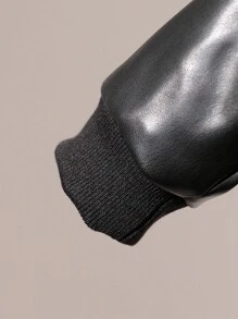 Baby Boy Patch Detail Teddy Lined Black Faux Leather Long Sleeve Hooded Jacket, Spring Autumn & Winter - Black - View 6