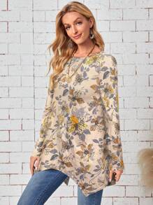 EMERY ROSE Women's Casual Floral Print Round Neck Long Sleeve Loose T-Shirt, Autumn - Black - View 4
