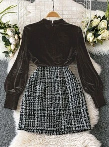 SHEIN LUNE 女士优雅天鹅绒拼布粗花呢灯笼袖收腰连衣裙，秋冬 - 咖啡棕 - 查看 2