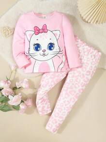 2pcs Girl Toddler Cute Cat With Bow Snug Fit Long Sleeve Top And Pants Pajama Set