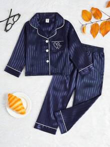2pcs Girl Toddlers Pink Stripe Heart Embroidery Long Sleeve Pants Pajama Set, Comfortable Homewear