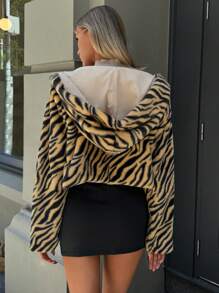 Aloruh Women's Winter Coat, Daily Fashion, Commuting, Casual, Simple Warm Coat, Zebra Stripe, Animal Print, Fluffy Hooded Long-Sleeved Cardigan Jacket, Suitable For Autumn And Winter - Brown - View 2