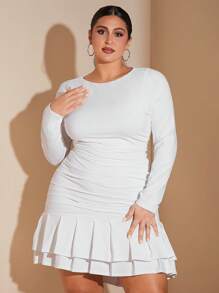 SHEIN BAE Plus Size Solid White Slim Fit Mini Double Layer Pleated Women's Long Sleeve Dress Suitable For Autumn And Winter,Christmas, Thanksgiving, Party, New Year, Elegant, Sexy, Y2k. Cocktail Dress, Bell Sleeves, Cake Skirt, Ruffles, Gathered, Mini, White, Birthday,Graduation Dress