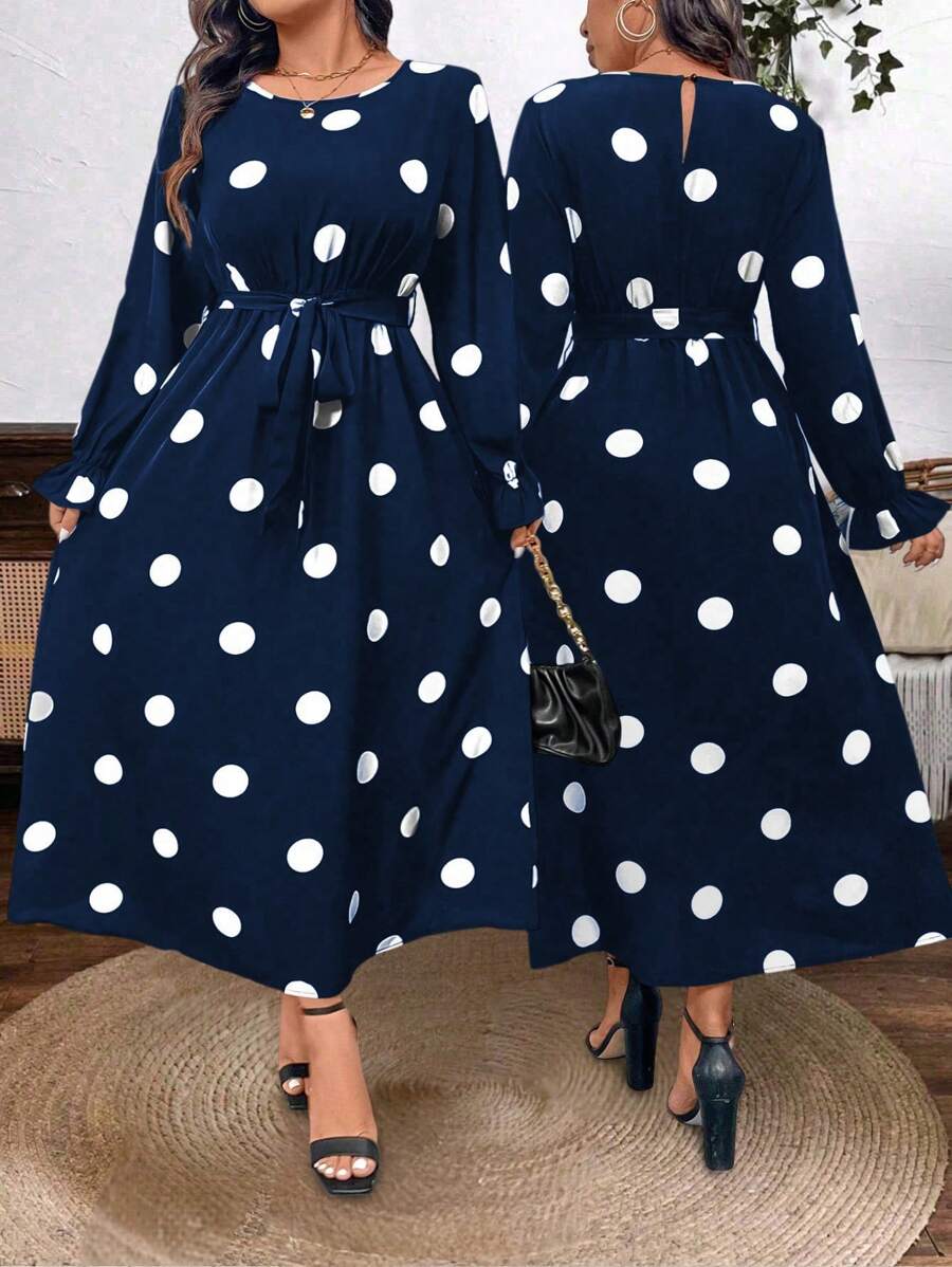 SHEIN Clasi Vestido elegante de manga campana de cuello redondo con estampado de lunares para mujer de talla grande, atuendo de mujer para otoño/invierno de largo maxi