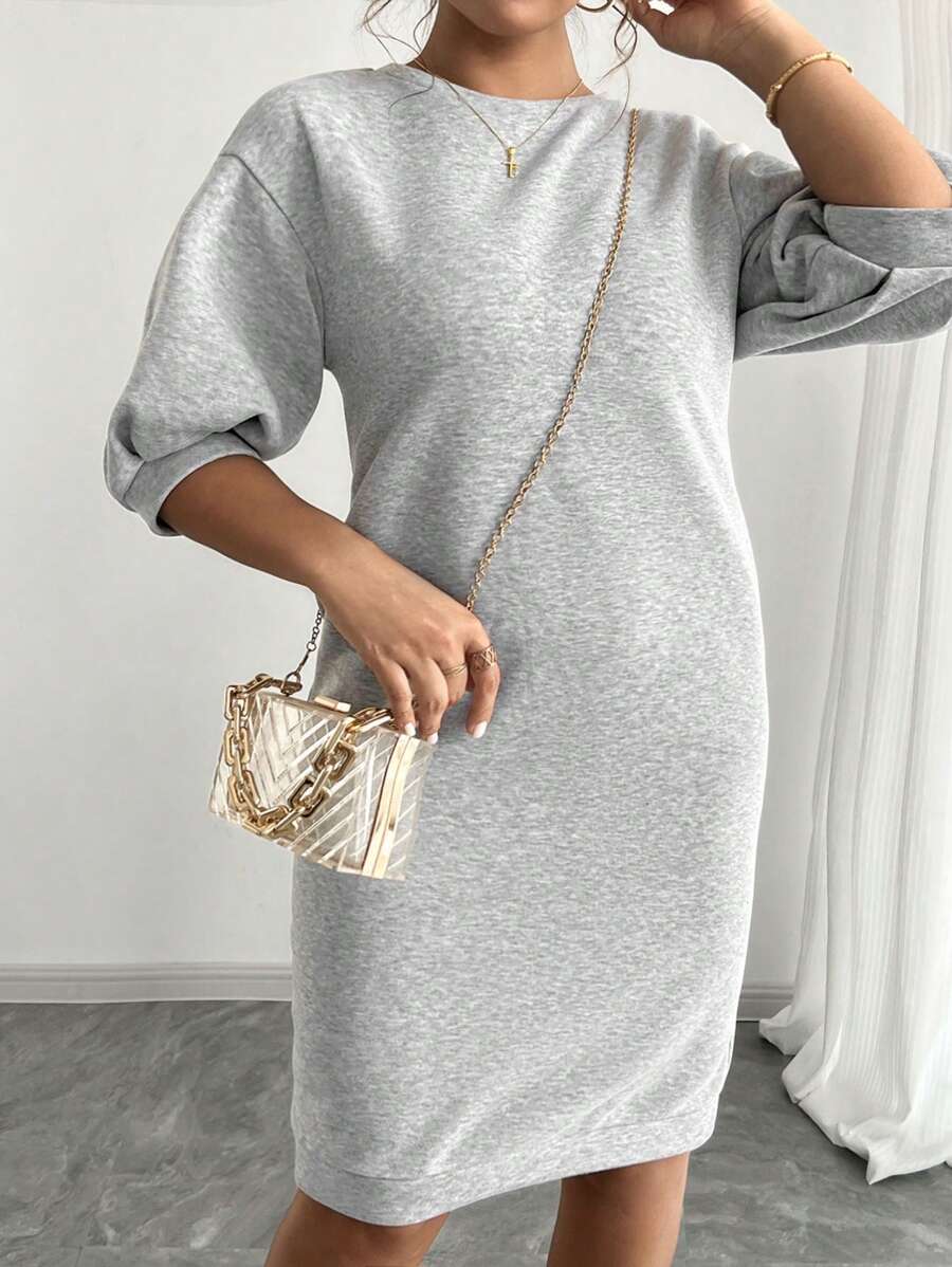 INAWLY Plus Size Solid Color Round Neck Casual Versatile Short Sleeve Dress - Grey - View 1