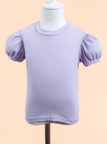SHEIN 2pcs/Set Young Girl Solid Color Round Neck Puff Sleeve Top And Plaid Skirt + Hat - Purple - View 5