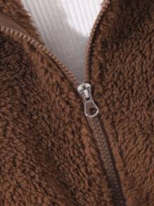 SHEIN Explorewe 1 件青少年女孩毛绒连帽拉链长袖休闲外套，适合冬季日常/通勤穿着 - 棕色 - 查看 3
