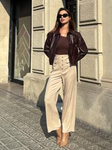 Pariaura Women Golden Button Decor Elegant Solid Color Pants Fall Cloth For Women - Khaki - View 6