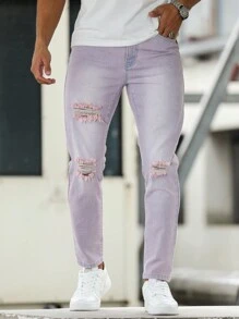 Manfinity Homme 男式纯色破洞修身休闲牛仔裤，带口袋 - 淡紫色 - 查看 6