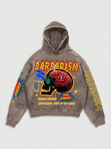 ROMWE MEN Street Life Men's Washed Street Graphic Print Hoodie Sweatshirt, Suitable For Spring And Summer - Khaki - View 1