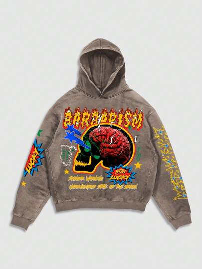 Street Life Men's Washed Street Graphic Print Hoodie Sweatshirt, Suitable For Spring And Summer