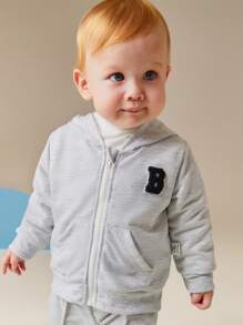 SHEIN 2pcs/Set Baby Boy Neutral Casual All-Match Minimalist Letter B Embroidered Patch Hoodie Jacket And Pants Set, Suitable For In Autumn/Winter - Grey - View 4