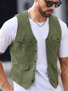 Manfinity VCAY 男士梭织修身休闲圆领双面背心 - 軍綠色 - 查看 3