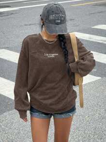 Muchica Vintage Embroidered Crew Neck Long Sleeve Knit Sweatshirt T-Shirt For Women - Brown - View 3