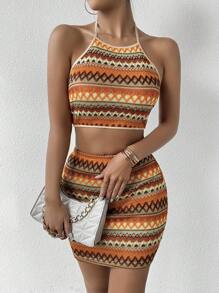 Breezaya Của phụ nữ Hình học In Halter Neck Áo ba lỗ Và Bộ váy - Nhiều màu - Xem 3