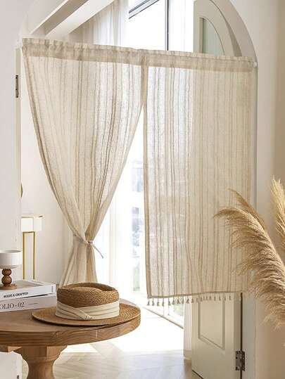 1pc Natural Linen Fabric Striped Window Curtain, Japanese Minimalist Style With Tassel Trim, Suitable For Living Room, Bedroom, Windows And Cabinets Decoration,Fall Decor,Autumn Decor,Room Decor