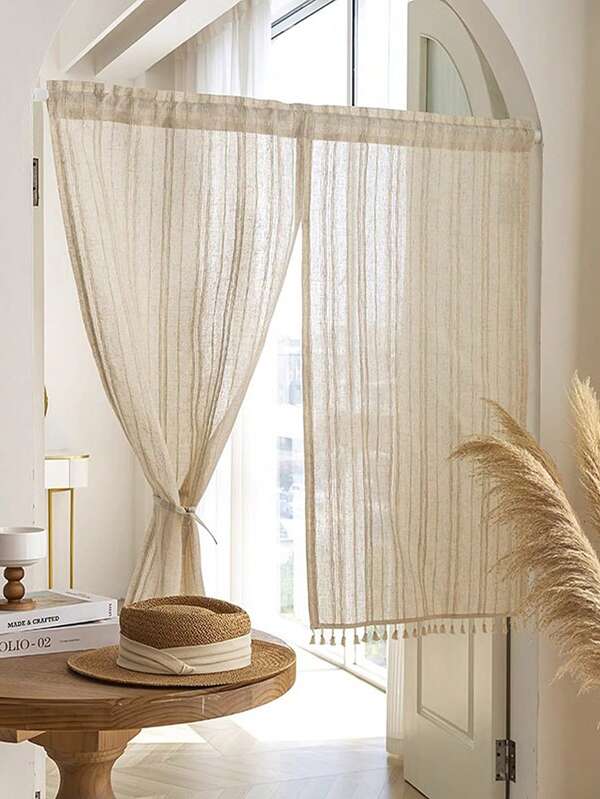 1 pièce Rideau de fenêtre en lin naturel à rayures, style minimaliste japonais avec franges, convenant pour la décoration du salon, de la chambre, des fenêtres et des armoires