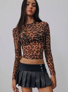 Aloruh 女士秋冬新款时尚性感优雅豹纹透明圆领 T 恤