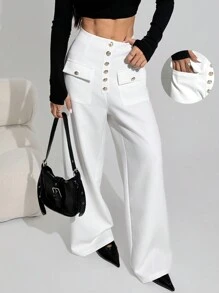 Chiquease Women Plain Button Front Pockets Casual Pants - White - View 7