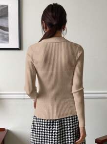 DAZY 1pc Business Casual Plain Collar Ribbed Long Sleeve Sweater Pullover,Fall Clothes - Apricot - View 3