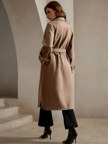 Anewsta 女式纯色插肩袖长袖休闲中长款翻领外套，秋冬 - 卡其色 - 查看 2