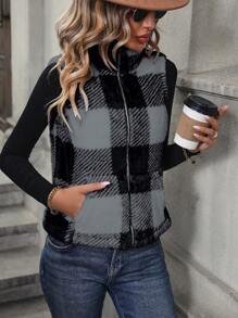 SHEIN LUNE Chaleco/chaqueta casual de color block a cuadros y esponjoso, para otoño/invierno