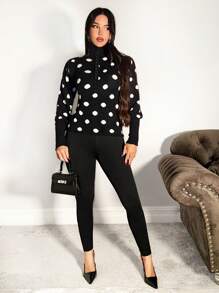 Zolique Women Polka Dot Button Turtleneck Long Sleeve Knit Sweater Top, Fitted Design For Elegant Gatherings, Suitable For Autumn/Winter Knit Pullover Fall - Black and White - View 3