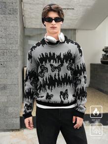 Manfinity Hypemode Men's Casual Contrast Color Pattern Drop Shoulder Pullover Sweater, Autumn/Winter