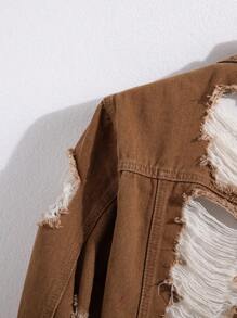 Manfinity Homme Men's Casual Distressed Denim Single Breasted Jacket, Autumn - Khaki - View 6