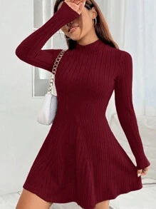 SHEIN VCAY 大码女式休闲纯色罗纹立领喇叭下摆连衣裙，春秋季 - 酒紅色 - 查看 3