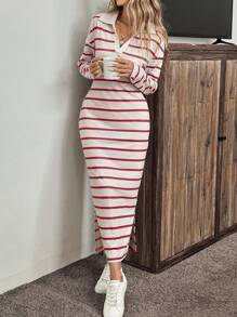 SHEIN LUNE Váy Polo sọc rộng rãi thoải mái cho nữ có xẻ tà, đa năng và thoải mái cho mọi mùa - Nhiều màu - Xem 5