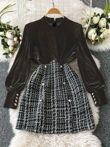 SHEIN LUNE 女士优雅天鹅绒拼布粗花呢灯笼袖收腰连衣裙，秋冬 - 咖啡棕 - 查看 1