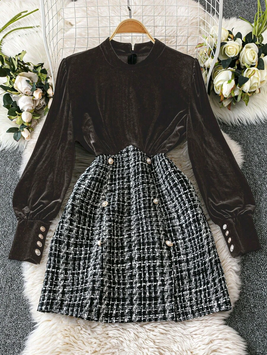 SHEIN LUNE 女士优雅天鹅绒拼布粗花呢灯笼袖收腰连衣裙，秋冬 - 咖啡棕 - 查看 1