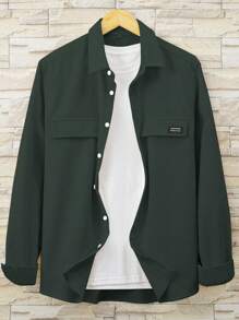 Manfinity Homme 1 件男士休闲前扣长袖衬衫，适合秋季日常穿着 - 墨綠色 - 查看 1