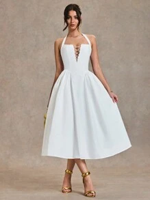 SHEIN BAE Váy xòe dài cổ chữ V ren vá chéo màu trắng thanh lịch, thích hợp cho tiệc cocktail, hẹn hò lãng mạn, mặc nhiều lớp vào mùa thu/đông, tiệc tùng, phù dâu cưới, đi chơi, Halloween, Giáng sinh - trắng - Xem 3