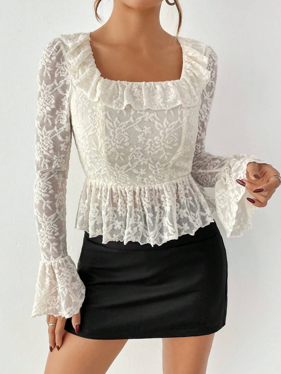 Chiquease 女式秋季方领喇叭袖口优雅蕾丝荷叶边饰边上衣荷叶边上衣