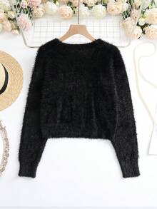 SHEIN LUNE Áo len cardigan dài tay đơn hàng ngày cổ chữ V cho nữ - màu đen - Xem 2