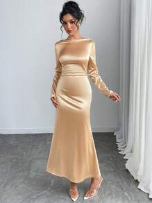Chiquease 女士连衣裙，优雅派对，香槟色，丝滑缎面面料，垂坠领口，长袖，美人鱼下摆 - 香檳色 - 查看 5