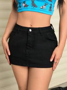 SHEIN EZwear Women Casual Solid Color Fitted Denim Mini Skirt - Black - View 4