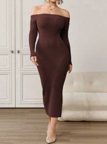 Modelyn 1pc Women Solid Color Off-Shoulder Fitted Elegant Long Sleeve Knit Dress - Coffee Brown - View 3