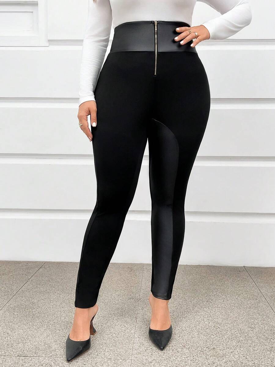 SHEIN Clasi Plus Size Women's High Waist Patchwork Fabric Street Style Skinny Pants Fall Cloth For Women - Black - View 1
